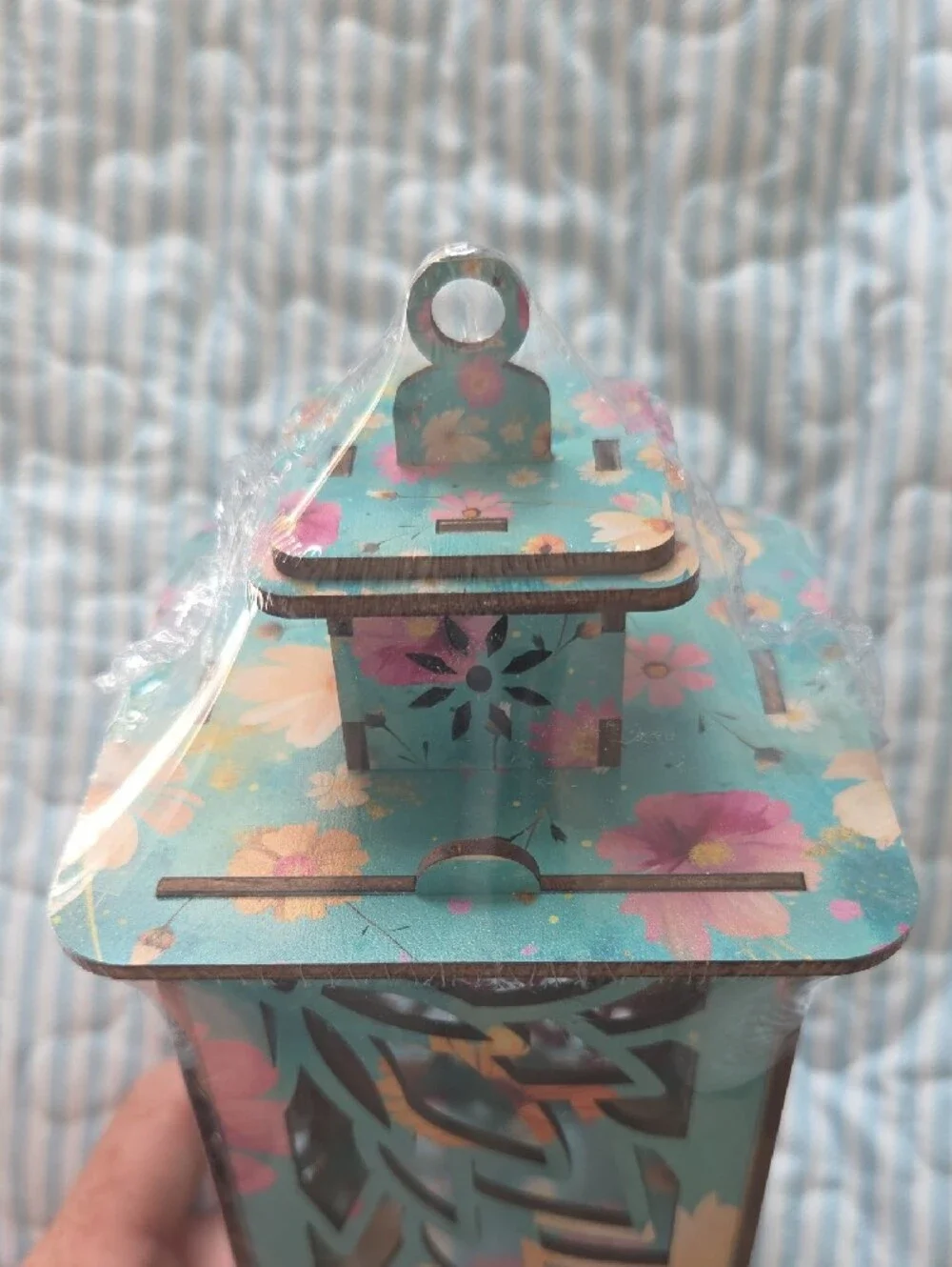 Decorative Turquoise Floral Carved Wooden Lantern